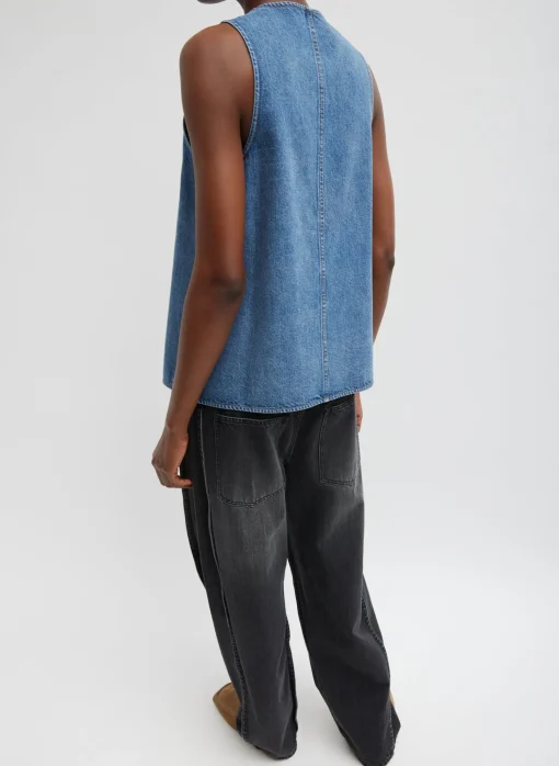 Spring Denim Slit Front Sleeveless Top